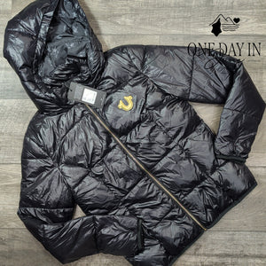 True Religion Hooded Puffer Jacket Jet Black Gold Horseshoe NWT Size M