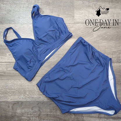 Charmo Maternity Bikini Swimsuit Two Piece Blue High Waist NWT Size S