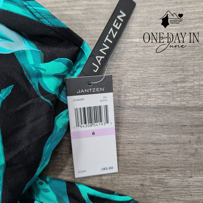 Jantzen High Neck Tropical One Piece Swimsuit Black Teal NWT $95 Size 6