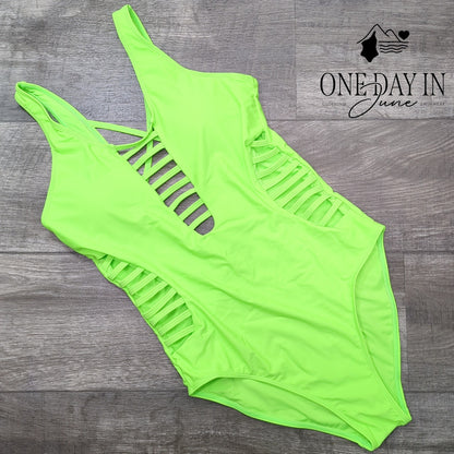 Aqua Eve Cut Out One Piece Swimsuit Neon Green Strappy NWT Size L