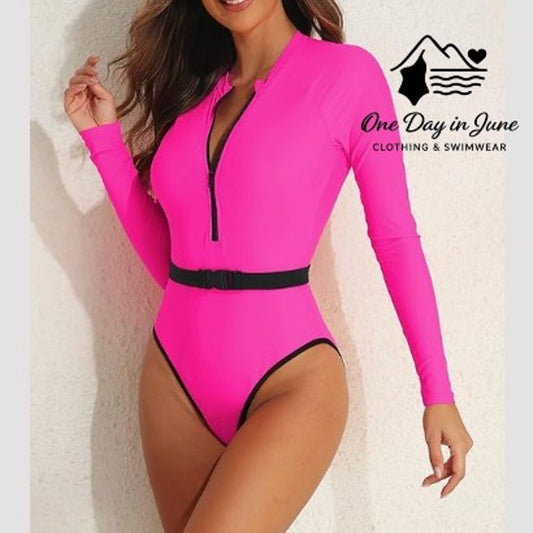 Charmleaks Plus Size Long Sleeve Belted One Piece Swimsuit Size 2XL