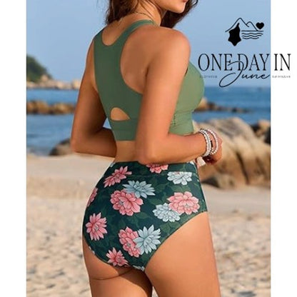 Dokotoo Crop Top High Waist Floral Bikini Swimsuit Green NWT Size M