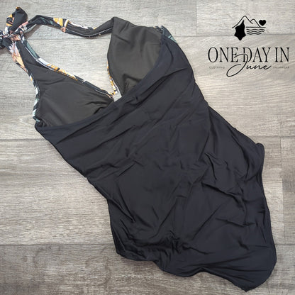 Suuksess Cross Front Halter One Piece Swimsuit Black Floral Size S