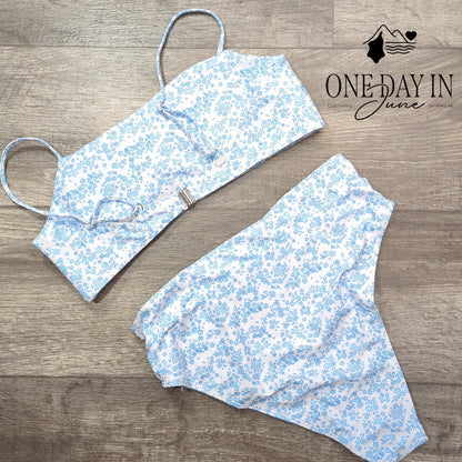 Adisputent Floral Bandeau Bikini Swimsuit Blue White High Waist Size M