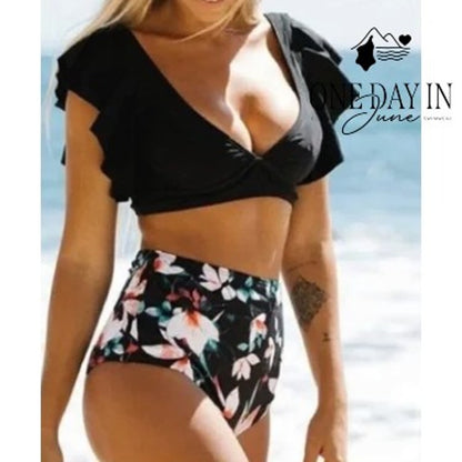 Sporlike Ruffle Shoulder High Waist Floral Bikini Swimsuit Black NWT Size L