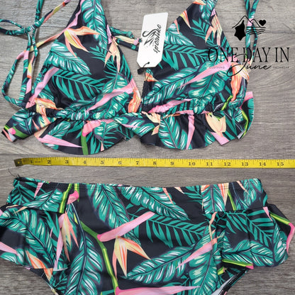 Sporlike Tropical Ruffle Triangle High Waist Bikini Swimsuit NWT Size L