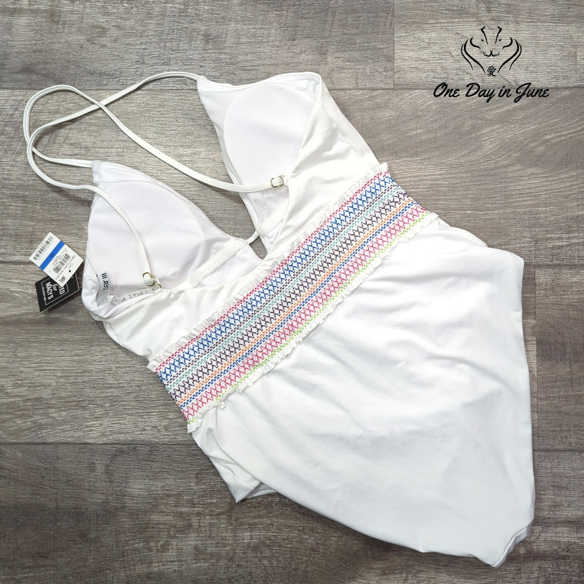 Bar III Smocking Solids Plunge One Piece Swimsuit White Rainbow NWT Size XL