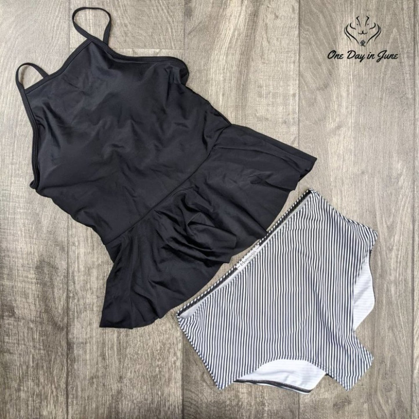 Marinavida Ruffle Peplum High Waist Bikini Swimsuit Black Stripe NWT Size S