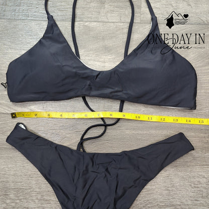 Aleumdr Black Thong Bikini Swimsuit Strappy Bralette Two Piece Size L