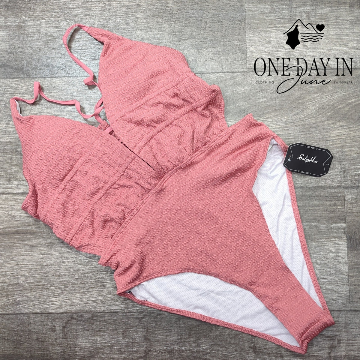 SOLY HUX Smocked Tie Back Cut Out One Piece Swimsuit Pink NWT Size L