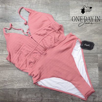 SOLY HUX Smocked Tie Back Cut Out One Piece Swimsuit Pink NWT Size L