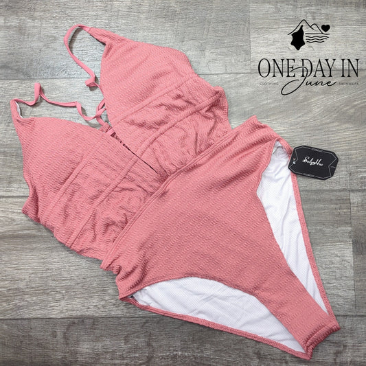 SOLY HUX Smocked Tie Back Cut Out One Piece Swimsuit Pink NWT Size L