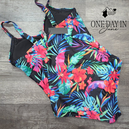 Tempt Me Tropical Floral Tummy Control One Piece Swimsuit Ruched NWT Size XL