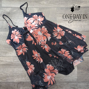 CharmLeaks Floral Mesh Swimdress One Piece Swimsuit Black Coral Size L