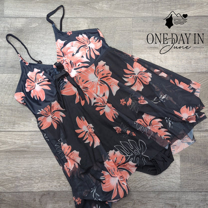 CharmLeaks Floral Mesh Swimdress One Piece Swimsuit Black Coral Size L