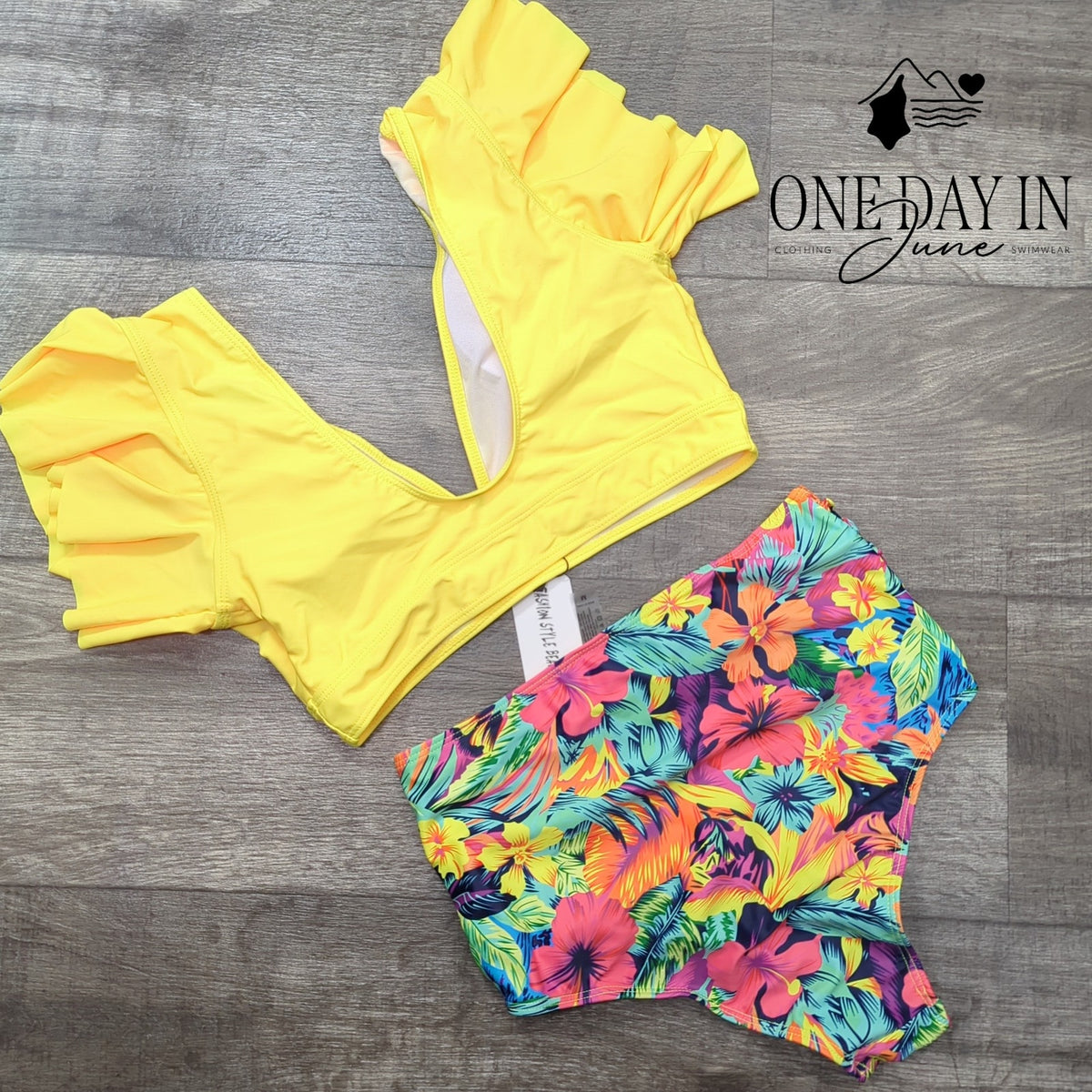 Sporlike Yellow Ruffle Shoulder Tropical High Waist Bikini Swimsuit NWT Size M