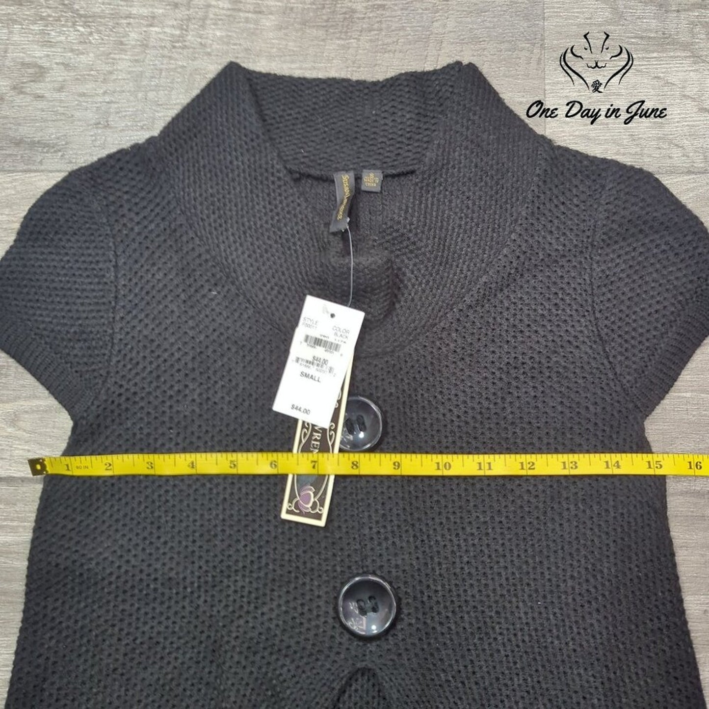 Susan Lawrence Short Sleeve Open Front Cardigan Sweater Black NWT Size S