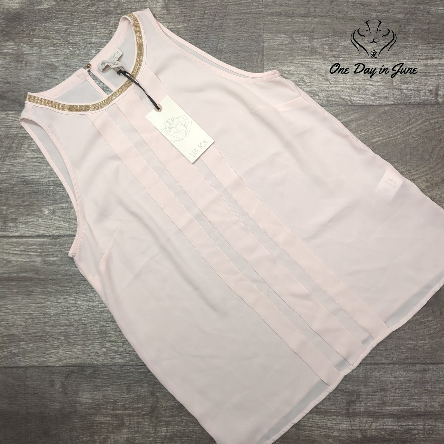 Lila Rose Beaded Neck Sleeveless Blouse Blush Pink Pleated NWT Size S