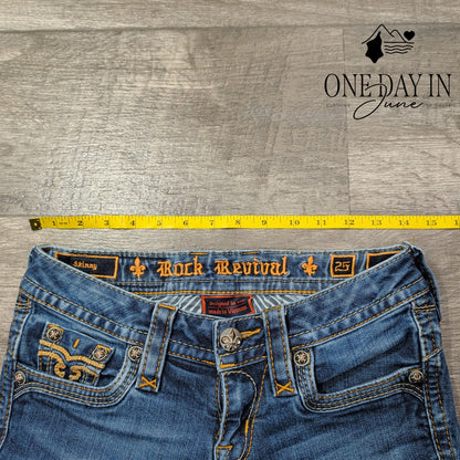 Rock Revival Calli Skinny Jeans Medium Wash Fleur de Lis Embellished Size 0 (25)