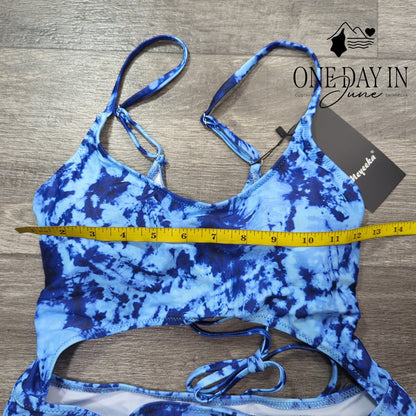 Meyeeka Lace Up Back Cut Out One Piece Swimsuit Size L