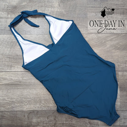Aleumdr Cross Front Halter One Piece Swimsuit Teal Blue Ruched Size M