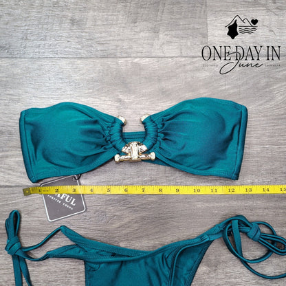 Zaful Bandeau Bikini Swimsuit Teal Gold Hardware Tie Side NWT Size S