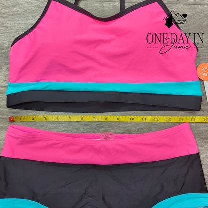 Charmo High Waist Colorblock Crop Top Bikini Swimsuit Pink Aqua NWT Size XL