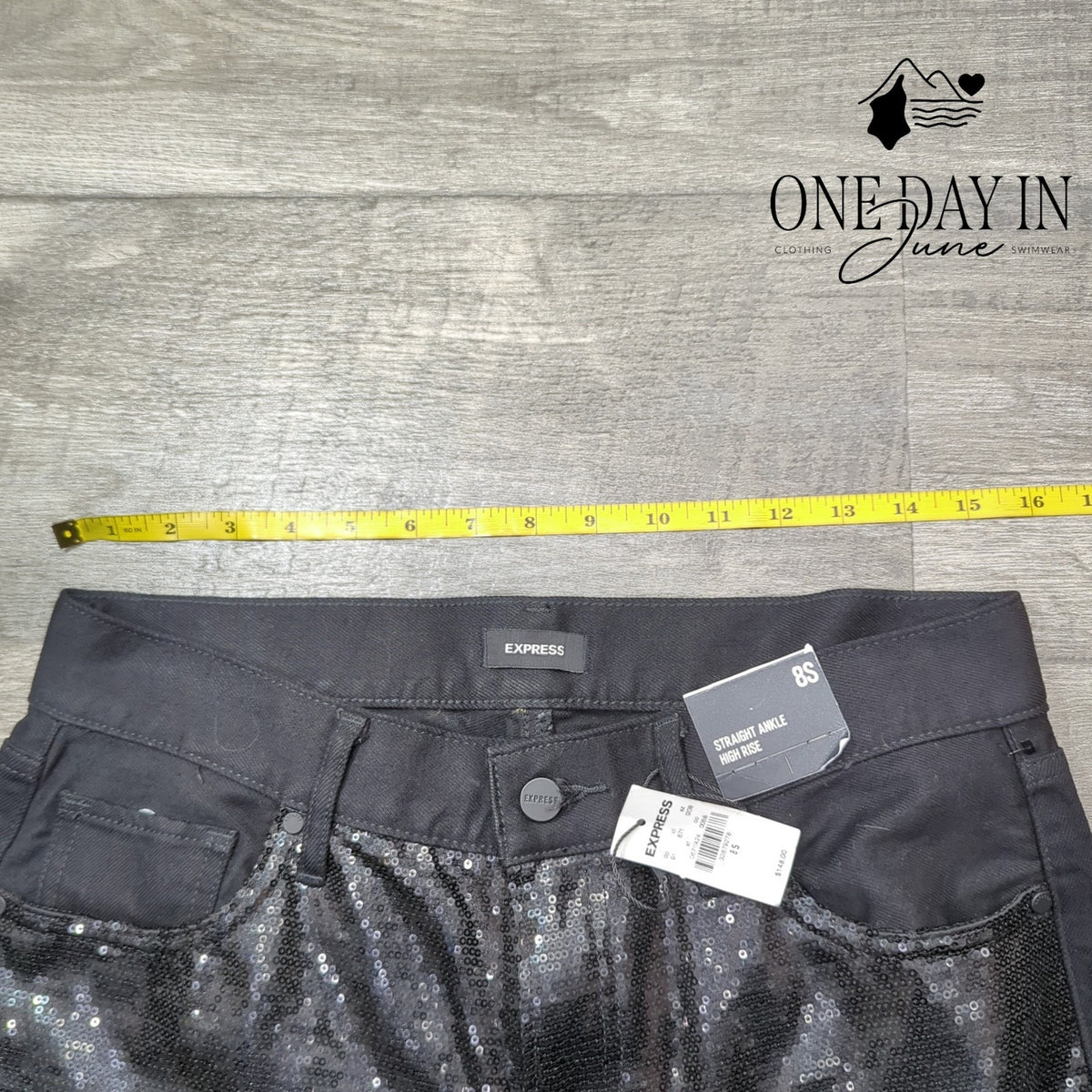 Express Sequin Straight Ankle High Rise Jeans Black Distressed NWT Size 8S