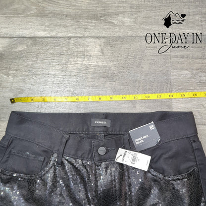 Express Sequin Straight Ankle High Rise Jeans Black Distressed NWT Size 8S