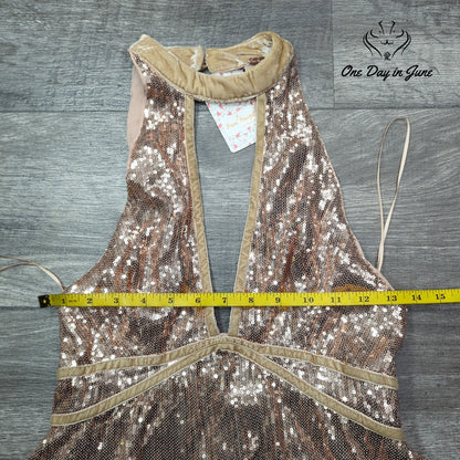Free People Film Noir Sequin Halter Mini Dress Rose Gold Open Back NWT Size 2