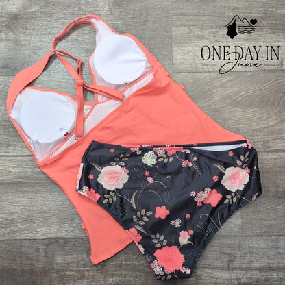 Beachsissi V Neck Ruched Tankini High Waist Floral Swimsuit Coral NWT Size XL