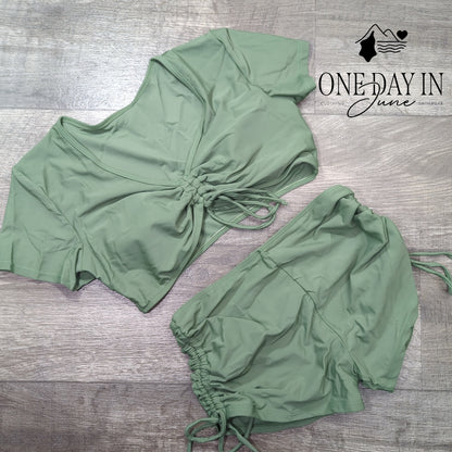 Lilosy Crop Short Sleeve Drawstring Bikini Swimsuit Size S