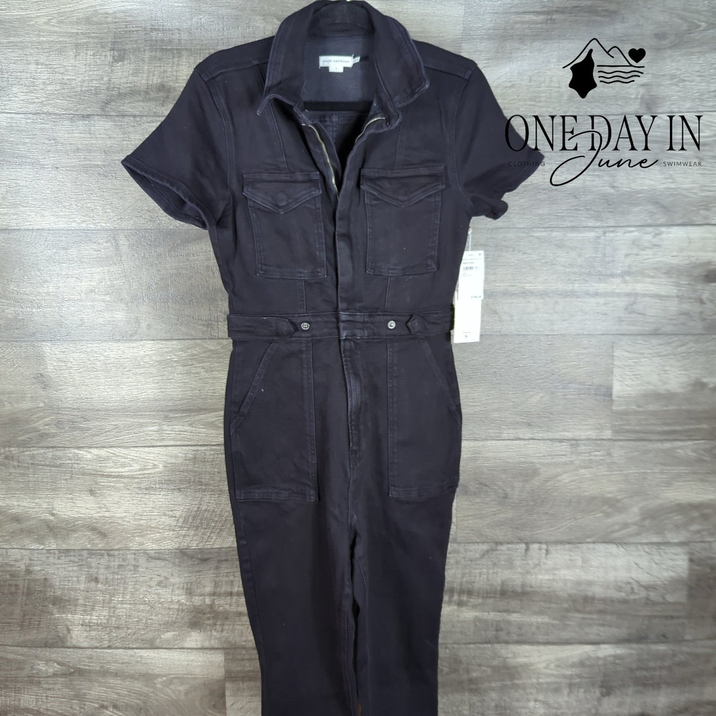 Good American Zip Front Denim Jumpsuit Size L