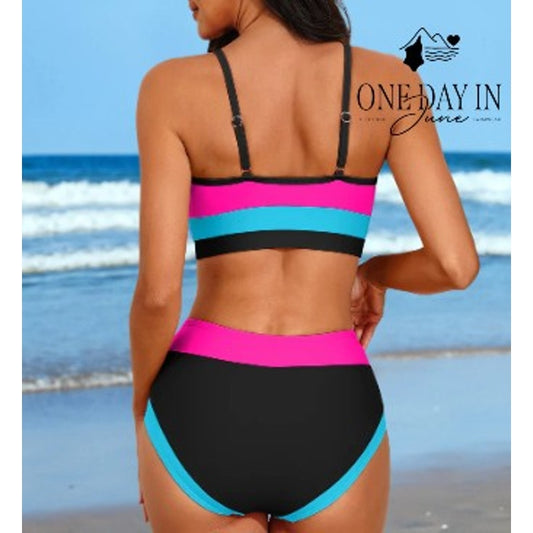 Charmo High Waist Colorblock Crop Top Bikini Swimsuit Pink Aqua NWT Size XL