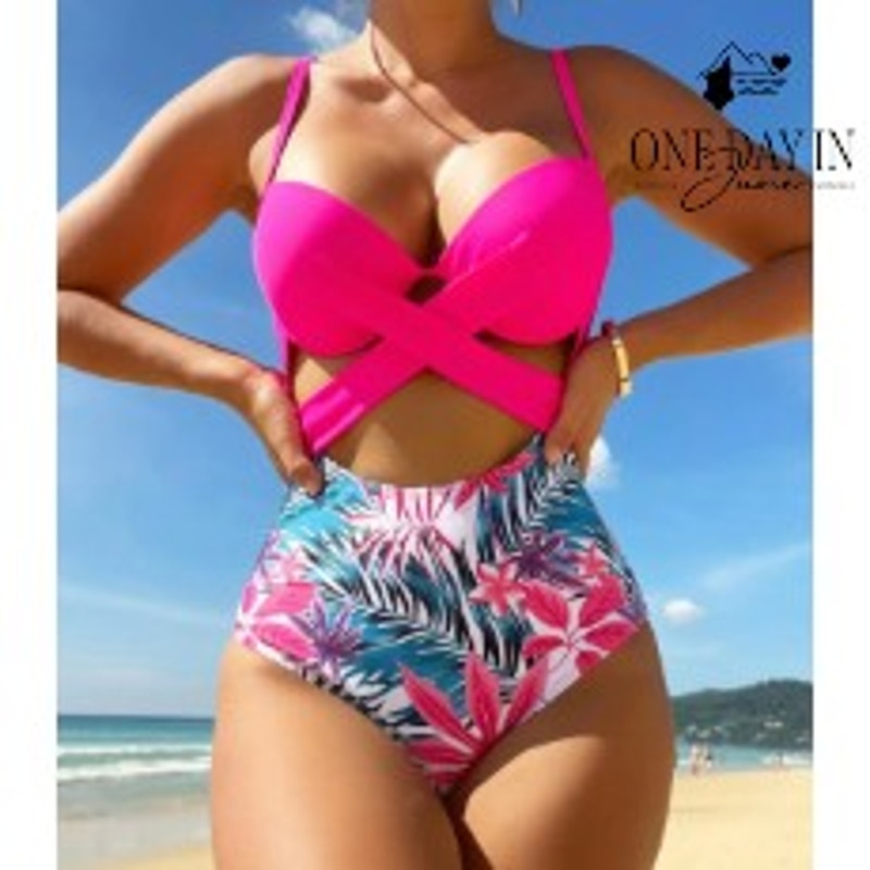 Adisputent Tropical Floral Cross Front Cutout One Piece Swimsuit Pink Size L