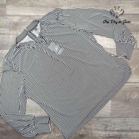 Adrianna Papell Striped Long Sleeve Ruffle Neck Top Black NWT Size XL