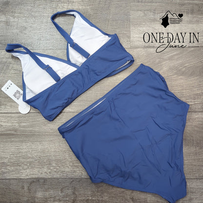 Charmo Maternity Bikini Swimsuit Two Piece Blue High Waist NWT Size S