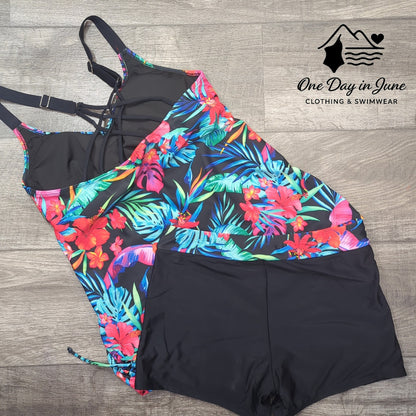 Tempt Me Cage Back Ruched Side Boy Short Tankini Swimsuit Size L