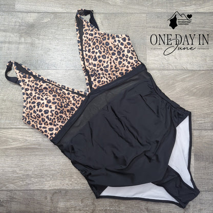 CharmLeaks Plus Size Leopard Mesh Cut Out One Piece Swimsuit Black Size XXL