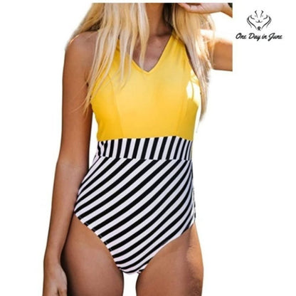 Cupshe Yellow V Neck and Striped Bottom One Piece Size XS