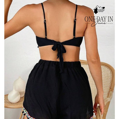 CharmLeaks 3 Piece Bikini Swimsuit Black Pom Pom Trim Shorts Boho Size 0XL