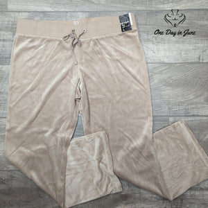 New York & Company Petite Velour Straight Leg Pants Beige Drawstring NWT Size L