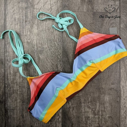 American Eagle Outfitters Scoop Bikini Top Rainbow Tie Strap Swim NWT Size L