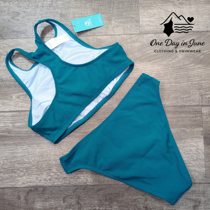 Cupshe Bikini Teal Ribbed High Neck Racerback Two Piece Swimsuit NWT Size S