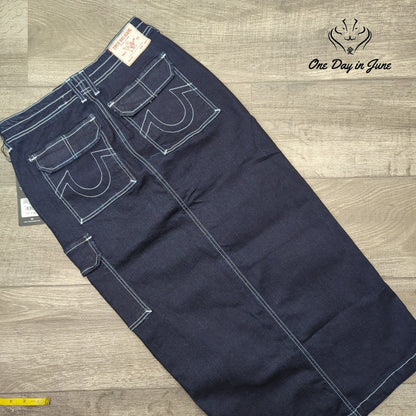 True Religion Denim Cargo Maxi Skirt Dark Wash Big T NWT Size 27 (4)