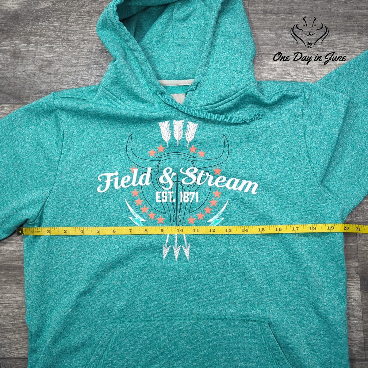 Field & Stream 1871 Graphic Hoodie Teal Pullover Sweatshirt Size M