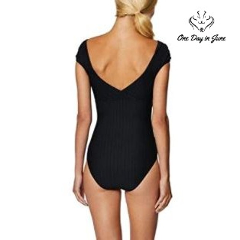 Tahari Wrap Front Ribbed One Piece Swimsuit Black V Neck NWT Size S