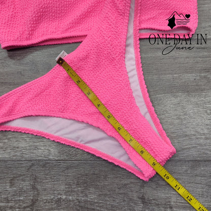 CharmLeaks Smocked One Shoulder Bikini Swimsuit Hot Pink Two Piece Size L