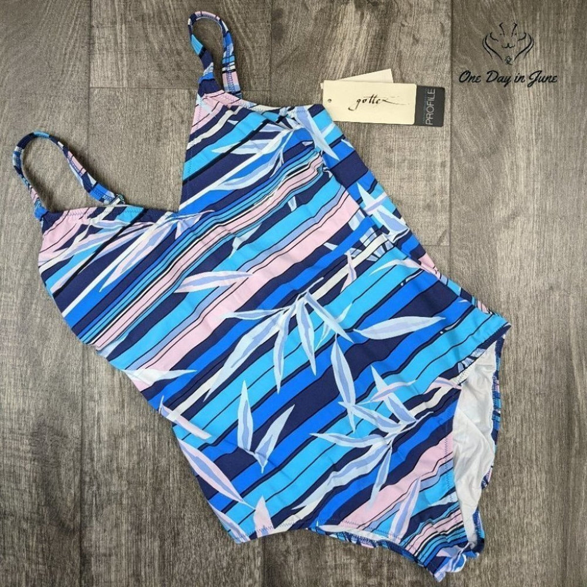 Gottex Palm Beach V Neck One Piece Swimsuit Blue Tropical NWT Size 10