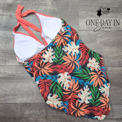 Adisputent Cross Front Tropical One Piece Swimsuit Size XL